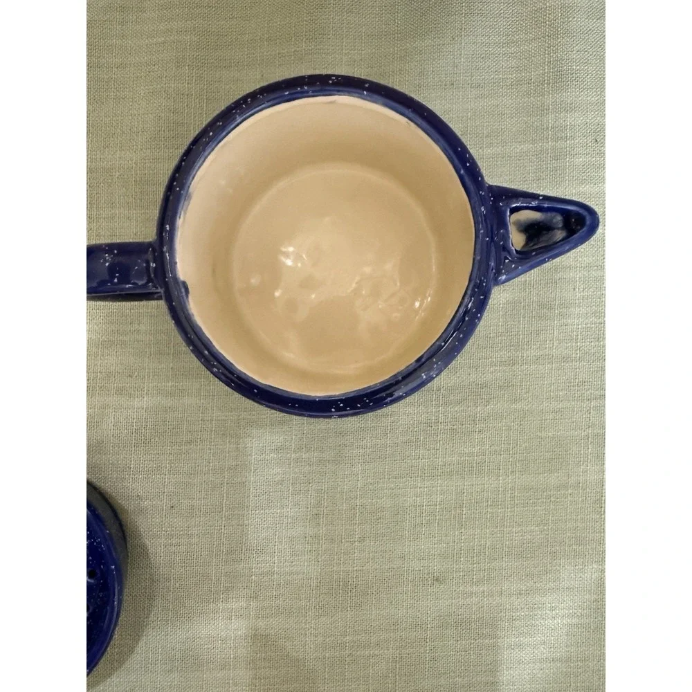 Vintage Rare Blue And White Speckled Ceramic Juicer And Small Pitcher